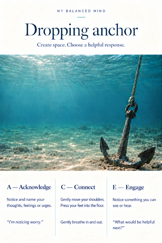 Dropping Anchor illustrated guide: an underwater anchor beside Acknowledge, Connect and Engage prompts